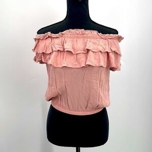 NWT Guess dusty rose pink crinkled off the shoulder ruffled blouse size XS